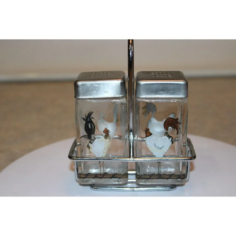 Salt & Pepper Shakers - Square Glass with Chickens Metal Stand